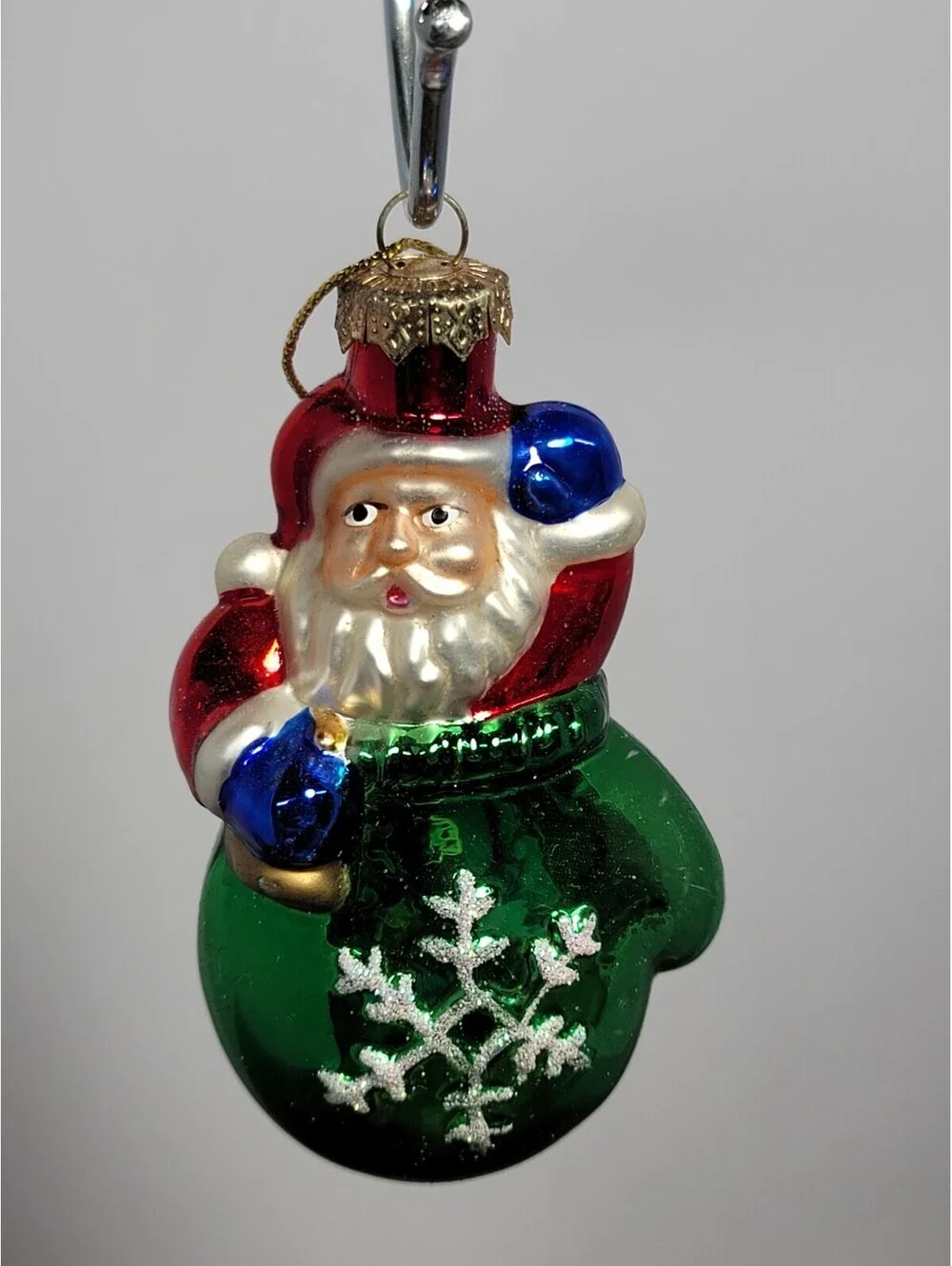 Thomas Pacconi Hand Blown Glass Santa Green Snowflake Glove Christmas Ornament